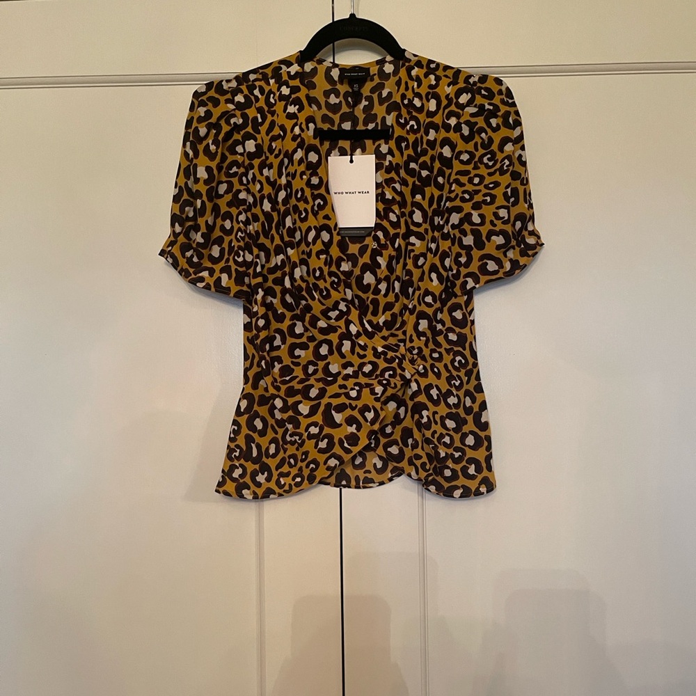 Leopard Print V-Neck Blouse - Mustard, Brown & Cream